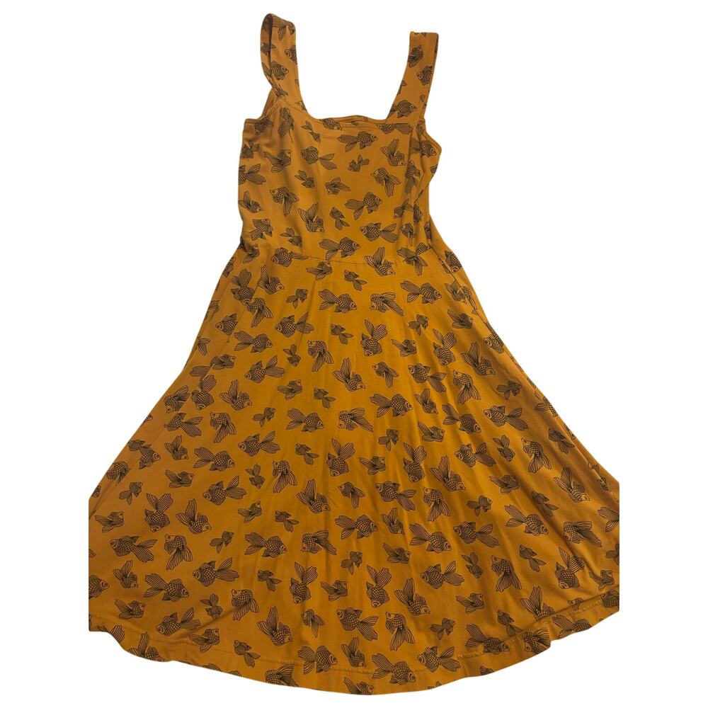 Effie’s Heart Goldfish Print Fit & Flare Dress Size Medium Mustard Retro Midi - Picture 4 of 6